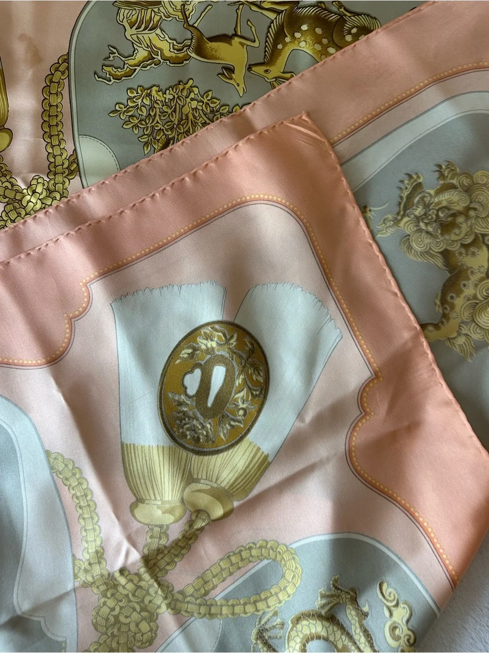 Hermes Peach and Gold Silk Scarf with Ornate Dragon Panels - Picture 16 of 16